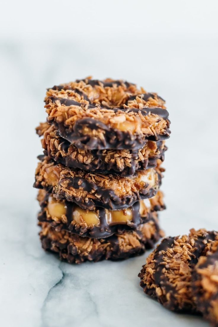 chocolate covered cookies stacked on top of each other