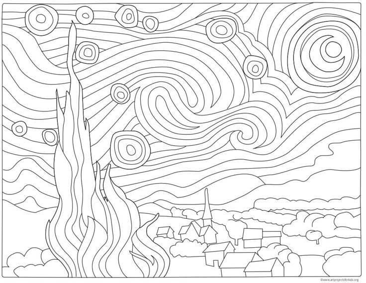 a coloring page with an image of a tree in the sky and clouds above it