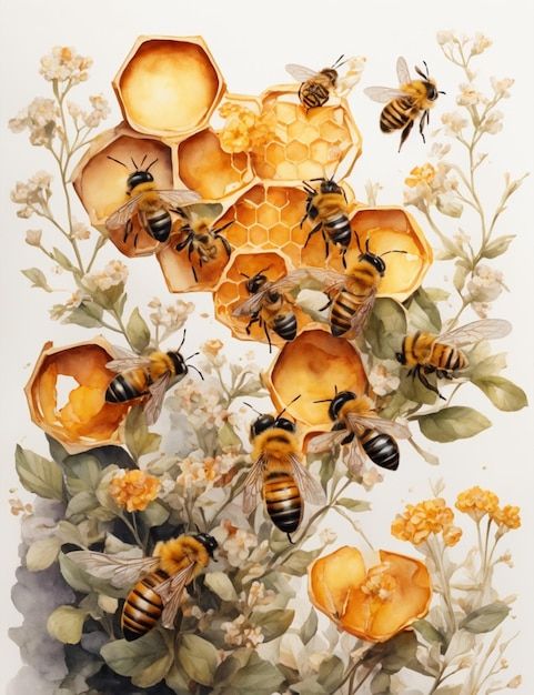 bees and honeycombs are depicted in this watercolor painting