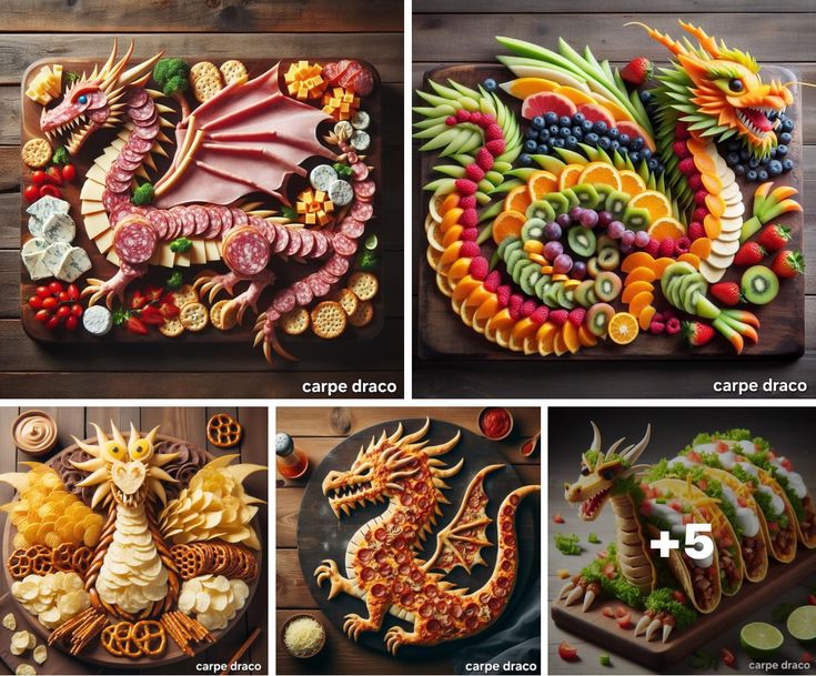 four different pictures of food with dragon designs on them and the number five in each photo