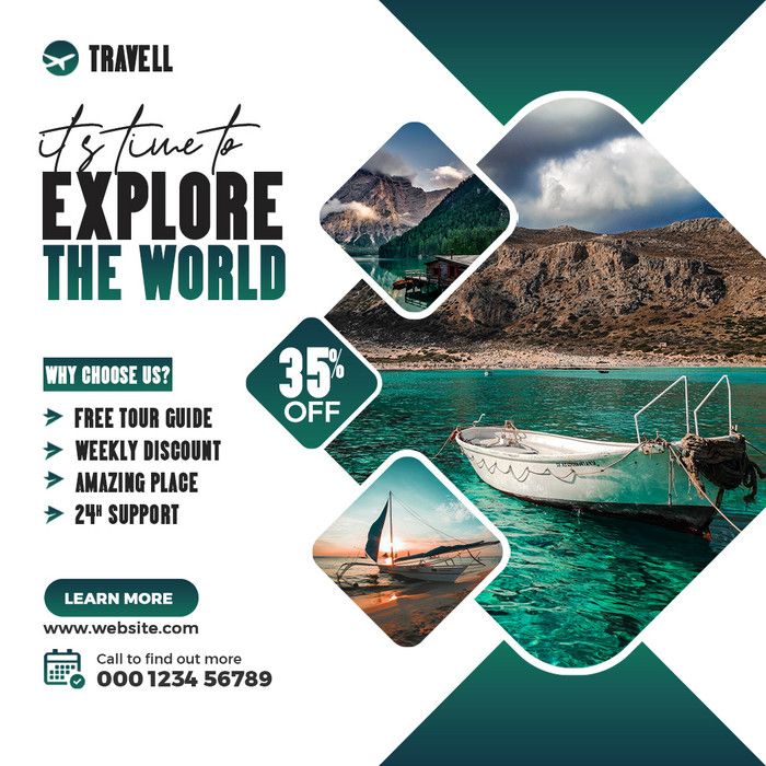 an advertisement for travel and explore the world with boats in the water, on a green background