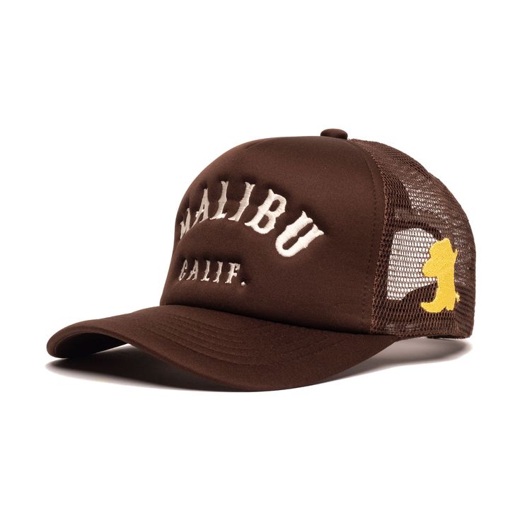 Malibu is a lifestyle. Front: 100% polyester back: 100% nylon - front panel w/lining.Spot clean with distilled soapy water.Trucker style hat. One size fits all. Retro Brown Baseball Cap For Outdoor, Brown Sports Trucker Hat With Curved Bill, Brown Trucker Hat For Sports, Brown Trucker Hat With Curved Bill For Sports, Brown Trucker Snapback Hat For Streetwear, Brown Curved Bill Baseball Cap For Streetwear, Summer Brown Baseball Cap For Streetwear, Retro Brown Baseball Cap For Streetwear, Brown Baseball Cap For Summer Streetwear