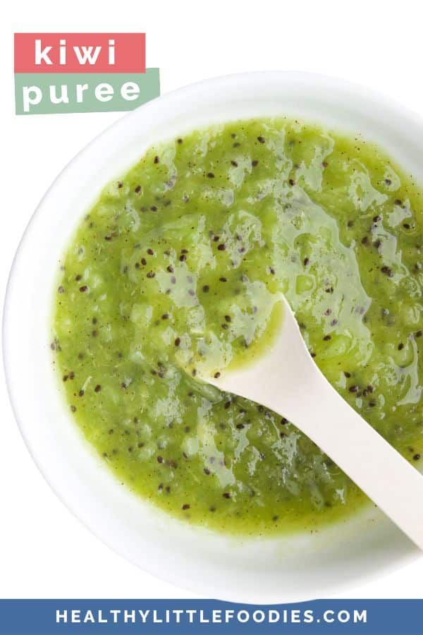 a bowl of broccoli soup with a spoon in it and the words kiwi puree above it