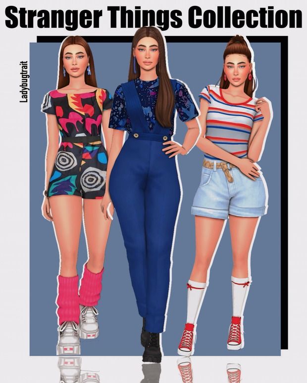 three women are standing next to each other in short and high waisted outfits, with the caption strange things collection