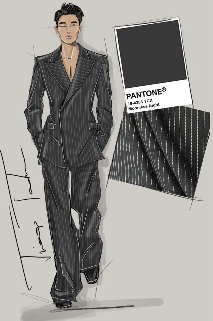 a man in a pinstripe suit and tie is standing next to a pantone color swatch