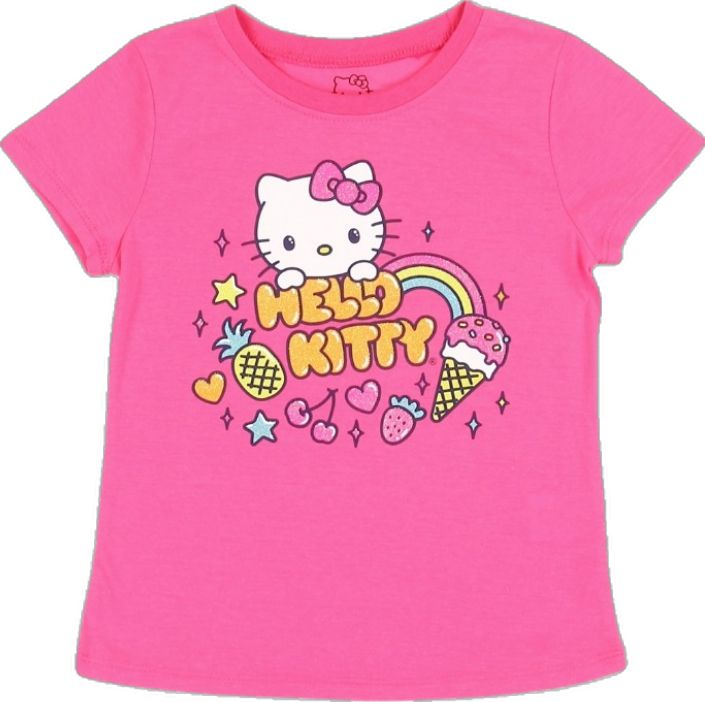 Playful Hello Kitty T-shirt For Summer, Playful Hello Kitty Summer T-shirt, Playful Hello Kitty Print T-shirt For Summer, Hello Kitty Print Playful T-shirt For Summer, Multicolor Short Sleeve T-shirt With Hello Kitty Print, Pink Cotton Hello Kitty T-shirt, Playful Hello Kitty Print Cotton T-shirt, Playful Cat Design Crew Neck T-shirt, Playful Crew Neck T-shirt With Cat Design