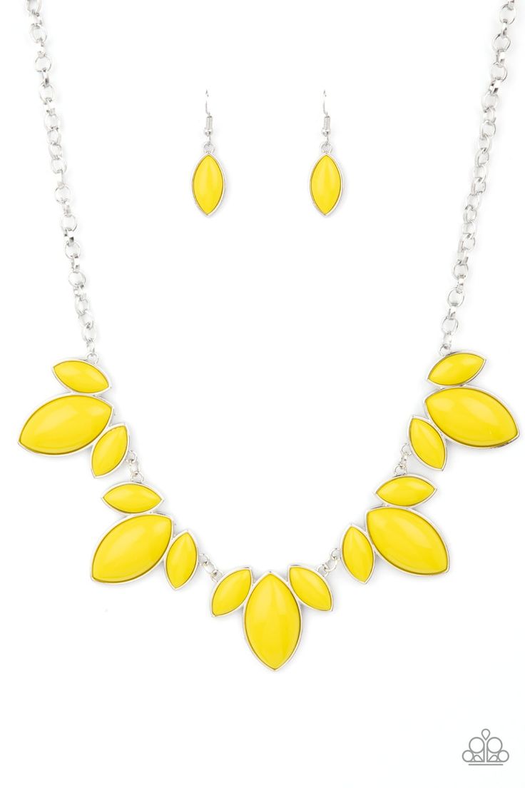 Trios of Illuminating marquise shaped beads connect into leafy frames below the collar, creating a vivacious centerpiece. Features an adjustable clasp closure. Easy Jewelry, Yellow Necklace, Bling Necklace, Beaded Statement Necklace, Pink Necklace, Paparazzi Accessories, Copper Necklace, Blue Necklace, Paparazzi Jewelry