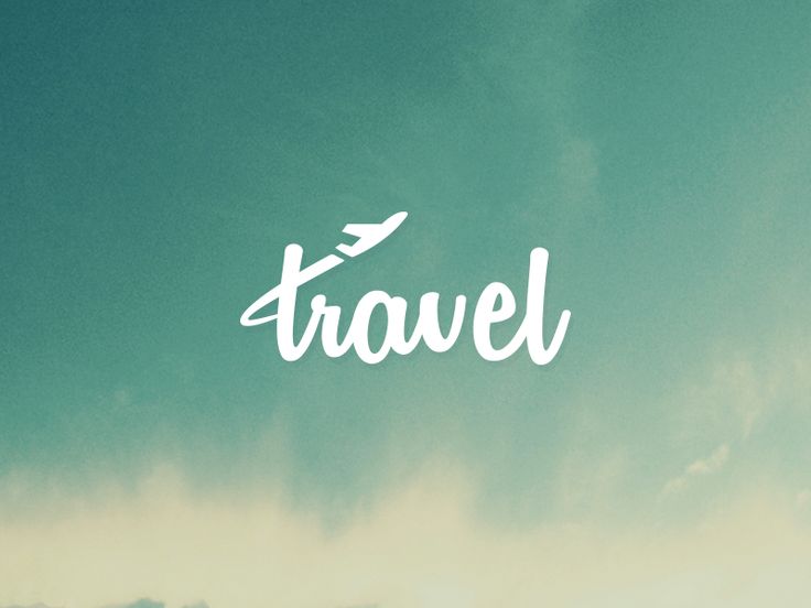 the word travel is written in white on a blue sky background with an airplane flying overhead