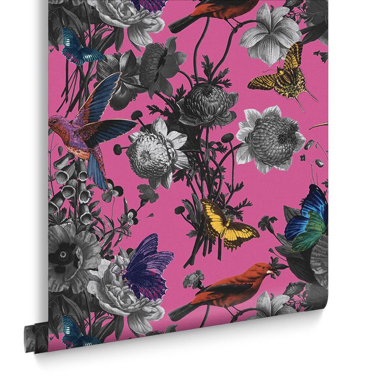 a pink floral wallpaper with birds and flowers on the bottom, in front of a pink background