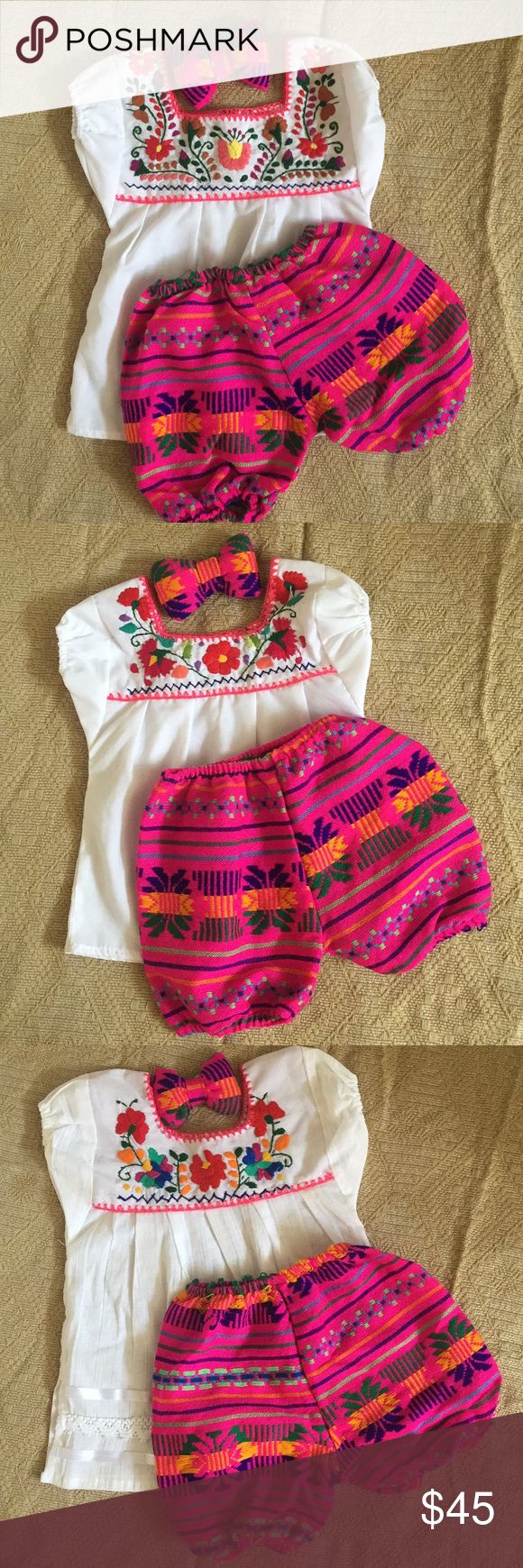 Cute! Mexican outfit size 1 and 2 years old So cute Mexican outfit INCLUDES: head bow - embroidered blouse and diaper cover  NEW- NO TAGS - HANDMADE  Each blouse has unique embroidery  Diaper cover is same color on all outfits  Size 1 Year old : for baby 12-18 Months  Blouse length:15”  Size 2 year old : for 24-30 Months  Blouse length: 16” MEXICANA Matching Sets Cute Embroidered Cotton Sets, Summer Embroidered Short Sleeve Sets, Embroidered Short Sleeve Summer Sets, Cotton Beach Sets With Floral Embroidery, Beach Sets With Floral Embroidery In Cotton, Embroidered Beach Sets For Spring, Cute Embroidered Fitted Sets, Beach Embroidered Cotton Set, White Embroidered Vacation Sets