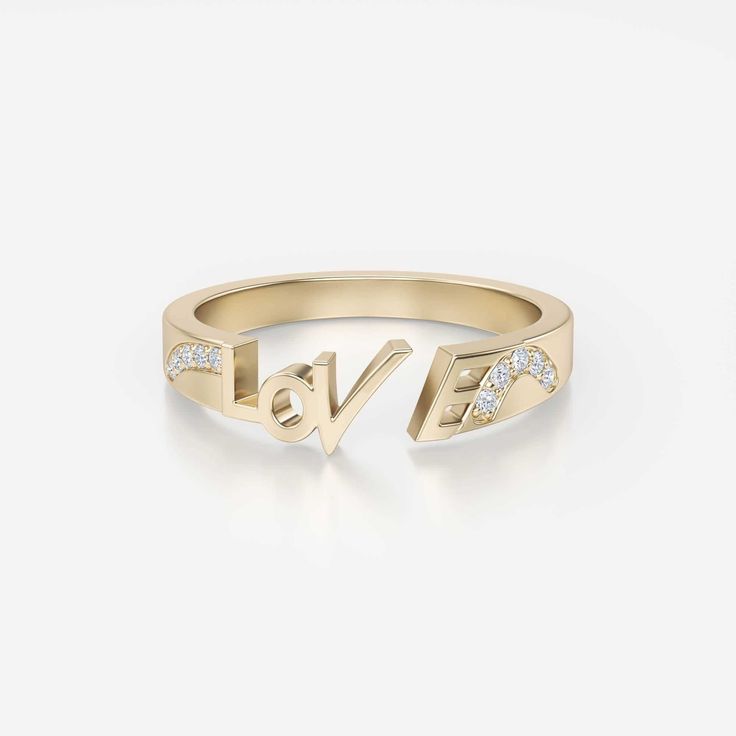 Created to be worn with other beauties or on its own, it will serve you remarkably anyway. This adorable ring with the engraved word LOVE is absolutely optimizing. This amiable ring is made to incite the hidden love inside you. Appreciate yourself and Love yourself with this bewitching ring. Adorned with 10 sparkly gemstones expertly, the total carat weight of this ring is 0.08. The flawless stone color is VS+, and the stone clarity is FG+. The alluring metal types of this band ring are 14K gold and 18K gold infused with high quality. The item weight of 14K gold is 3,265 G, and the item weight of 18 K gold is 3,865 G is perfectly bright. The total item length is 1 MM, and the item width is 2 MM. Personalized Rose Gold Diamond Promise Ring, 14k Gold Vvs Clarity Promise Rings, Elegant Yellow Gold Initial Promise Ring, Yellow Gold Open Initial Ring For Promise, Yellow Gold Engraved Promise Ring, 14k Gold Rings With Single Cut Diamonds For Promise, Diamond Open Ring Engraved For Anniversary, Wedding Fine Jewelry Initial Ring With Single Cut Diamonds, Luxury 14k Gold Engraved Promise Ring