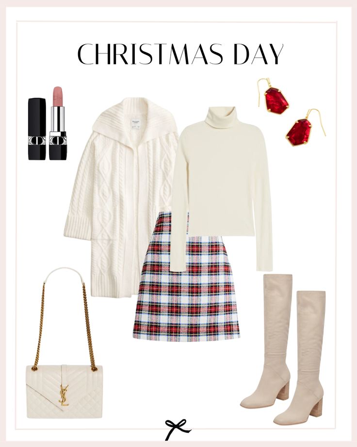 Step into Christmas Day with a chic and festive look that effortlessly combines comfort and style. Embrace the winter coziness with a cable knit duster cardigan layered over a classic turtleneck sweater. Pair it with a playful plaid A-line mini skirt for a touch of holiday charm. Elevate the look with white leather knee-high boots, adding a sleek and modern edge. Opt for a coordinating white leather shoulder bag to keep your essentials close at hand. Winter Holiday Outfits, Knit Duster, Long Sleeve Pajamas, Red Turtleneck Sweater, Atlanta Fashion, Christmas Day Outfit, Black Faux Leather Leggings, Red Turtleneck, Cozy Winter Outfits