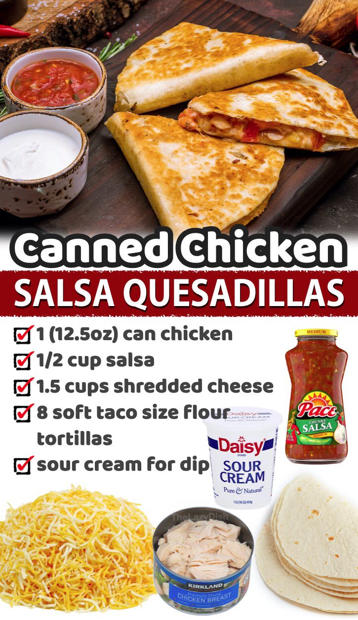 the menu for salsa quesadillas is shown in red and white, along with other ingredients