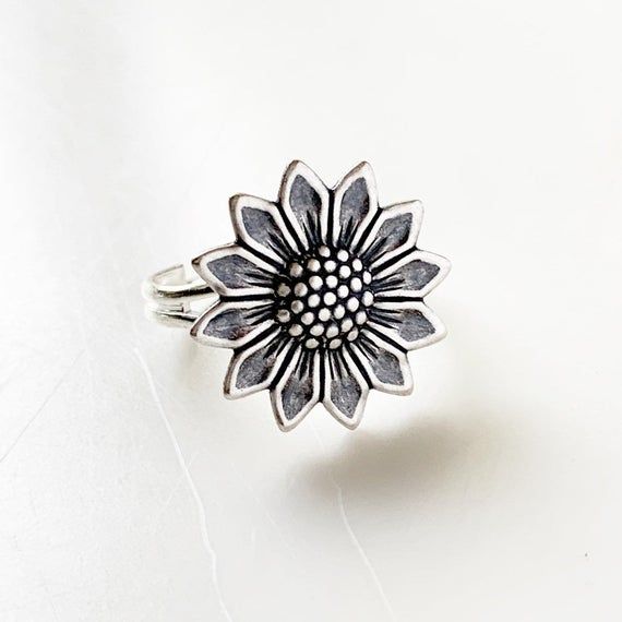 Sunflower Ring Flower Floral Jewelry Silver Ring Gift for Women-I make this ring using an antique silver finish sunflower stamping-sunflower measures 3/4” across-adjustable-nickel and lead free-Gift Boxed More of my Sunflower Jewelry Here:https://www.etsy.com/shop/lydiasvintage/items?search_query=sunflower Adjustable Sunflower Design Flower Ring, Adjustable Sunflower Design Flower Ring Gift, Silver Sunflower Design Ring, Adjustable Stamped Flower Jewelry, Adjustable Silver Ring With Sunflower Design, Adjustable Nickel-free Antique Silver Rings, Adjustable Antique Silver Nickel-free Rings, Vintage Adjustable Sunflower Design Jewelry, Adjustable Nickel-free Flower-shaped Rings