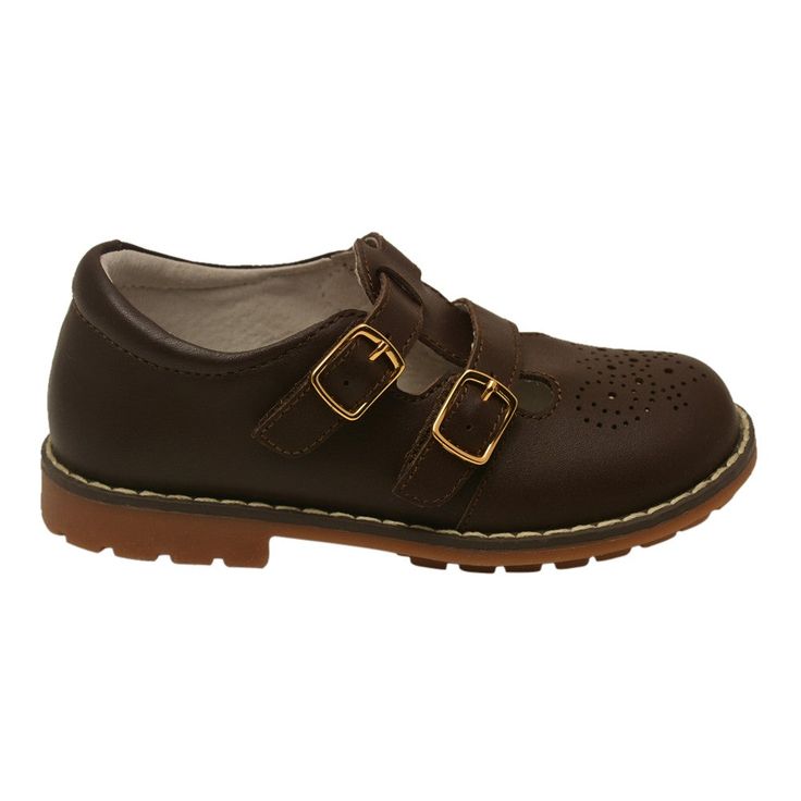 Double T-strap English Mary Jane shoe, perfect for school, playtime fun and casual wear. The shoe comes with perforated medallion for cuteness overload, double hook and loop closure under buckled T-straps. Padded collar and built in arch support for comfort. Stitch down construction. Leather upper and lining, rubber sole. Brown colored shoe will get her into the autumn groove. Insole measurement: size 5: 5.5, size 6: 5.75, size 7: 6, size 8: 6.25, size 9: 6.5, size 10: 6.75. Zapatos Mary Jane, Colorful Shoes, Ballerina Shoes, Mary Jane Shoes, School Days, T Strap, Cuteness Overload, New Kids, Big Boys