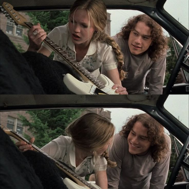 two girls are playing guitars in the back of a car while another girl looks on