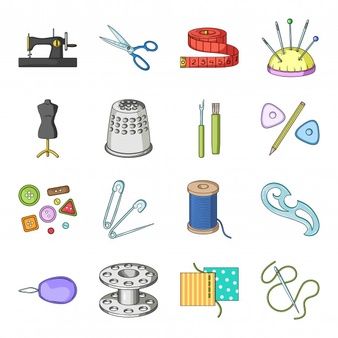 sewing and needleing icons set - miscellaneous objects / arts & crafts conceptualistic illustrations