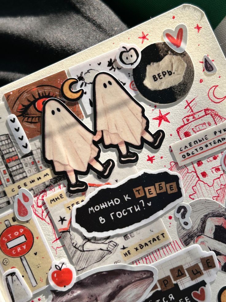 altered photograph of stickers on the back of a laptop computer case with ghost images and words