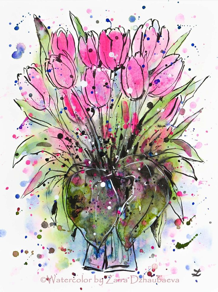 a watercolor painting of pink flowers in a heart shaped vase on a white background