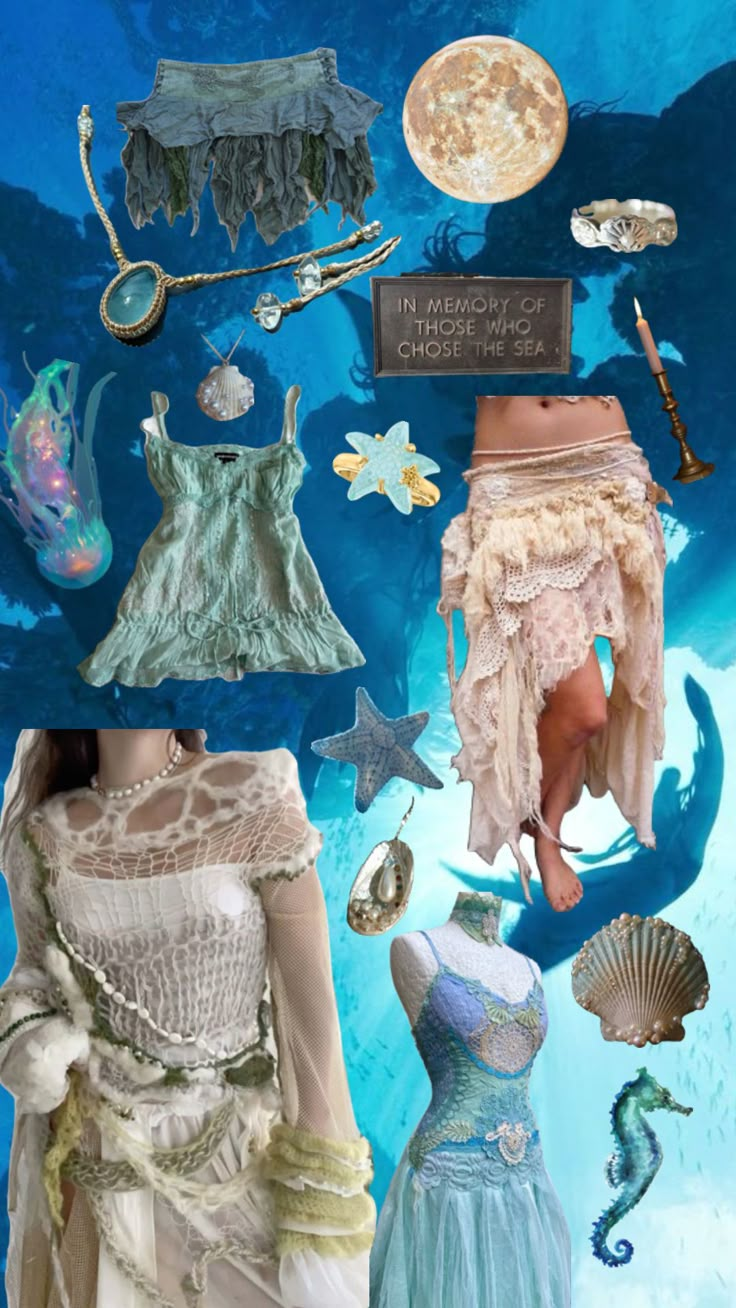 a collage of clothing and accessories is shown in this image, including an ocean theme