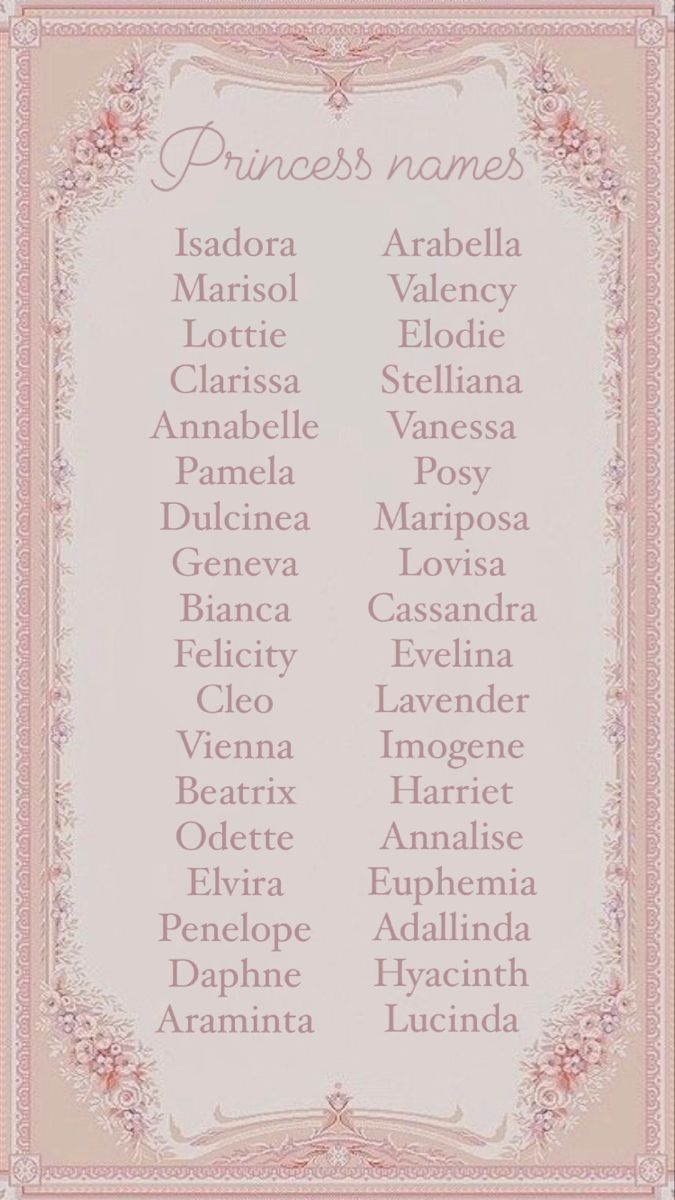 an ornate frame with the names of princesses in pink and white, on a beige background