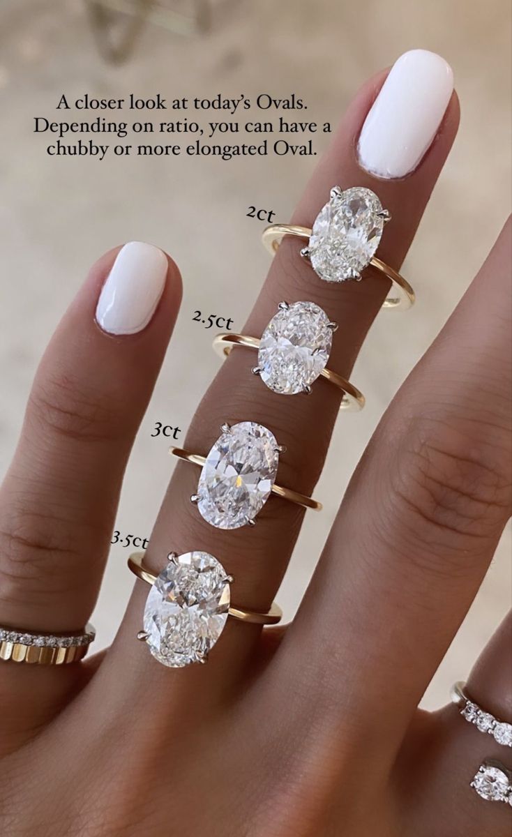 a woman's hand with five different engagement rings on it and the size of each ring