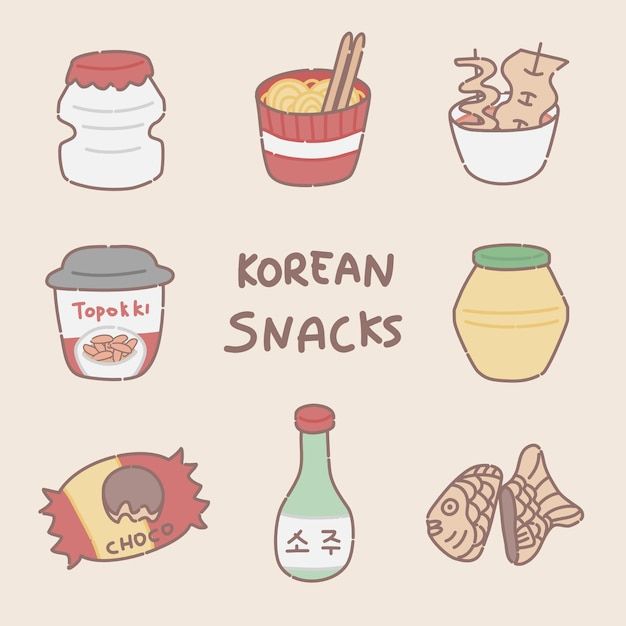 korean snacks are arranged in the shape of a circle on a beige background with words