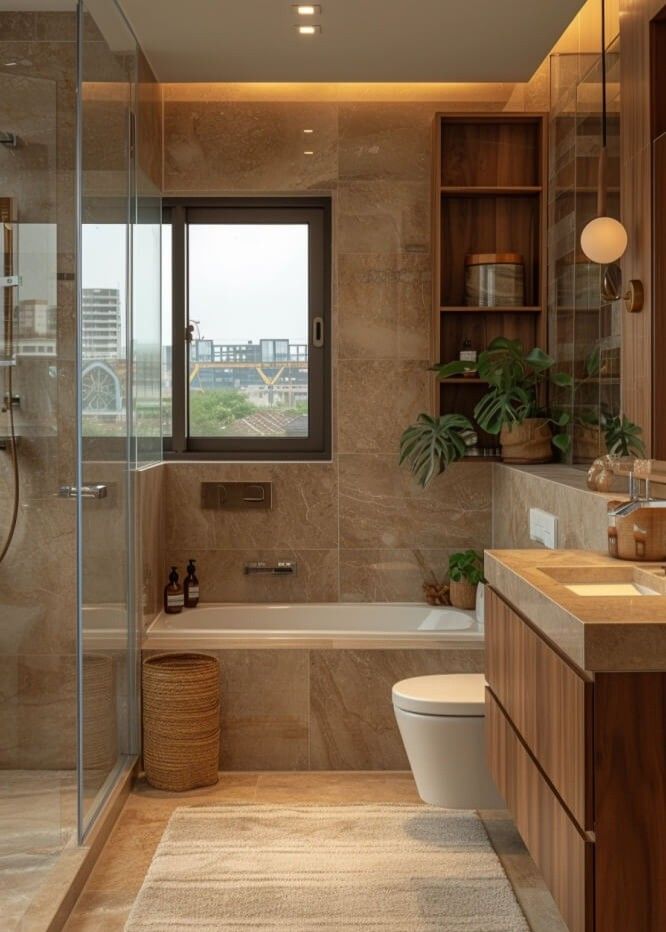 a bathroom with a toilet, sink and bathtub next to a window overlooking the city