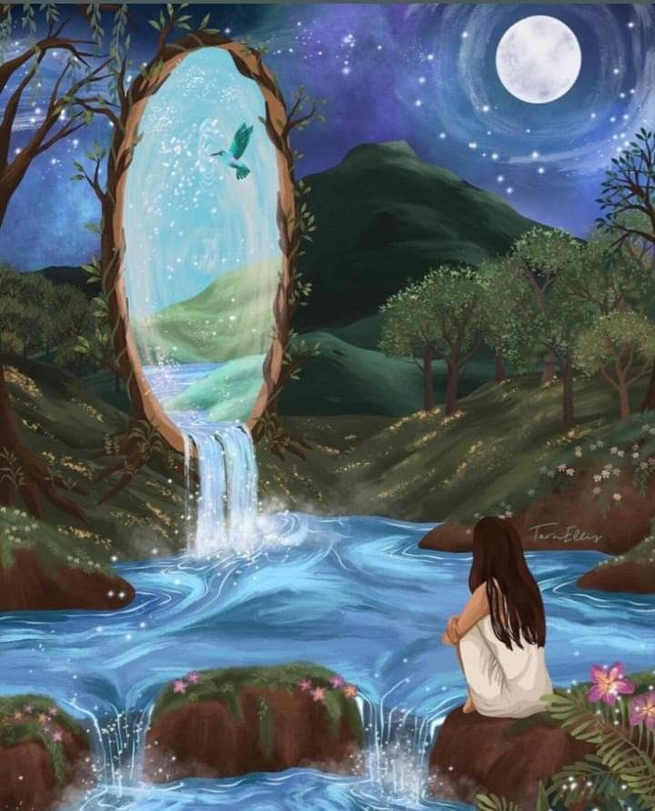 a painting of a woman sitting in front of a waterfall