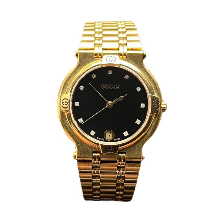 Authentic Gucci Gold Wrist Watch Model: 9200m 11 Diamond Hour Markers 18k Gold Plated 32mm Case 7" Band Length Water Resistant Up To 3atm Condition: Fully Functional. Some Small Scratches To The Band. Good Condition Overall With No Major Flaws. Please Examine Images Closely For Details Gucci Diamond Watch With Metal Dial For Formal Occasions, Gucci Formal Diamond Watch With Subdials, Gucci Classic Diamond Watch With Diamond Hour Markers, Gucci Diamond Watch With Elegant Style, Gucci Timeless Diamond Watch With Round Dial, Timeless Gucci Diamond Watch, Elegant Gucci Diamond Watch With Hour Markers, Elegant Gucci Diamond Watch With Diamond Hour Markers, Classic Gucci Diamond Watch For Formal Occasions