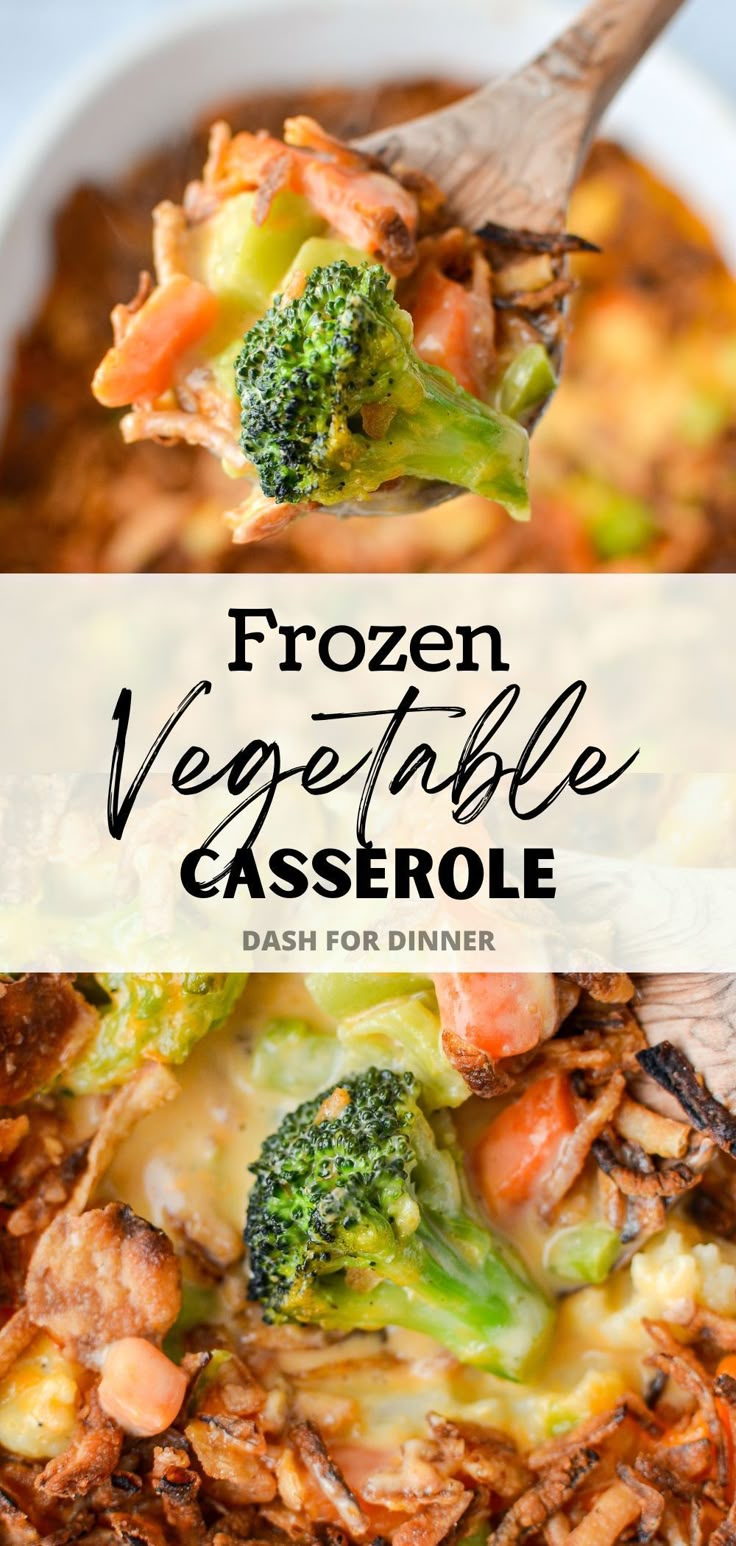 a spoonful of frozen vegetable casserole with broccoli and carrots