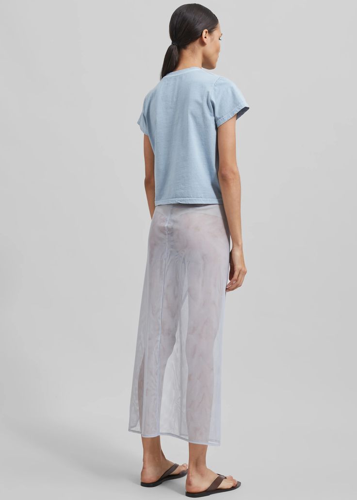 Magdalena Sheer Midi Skirt - Grey – The Frankie Shop Spring Sheer Stretch Skirt, Sheer Blue Bottoms For Summer, Spring Sheer Maxi Skirt, Casual Sheer Skirt For Spring, Fitted Organza Skirt For Spring, Sheer Long Maxi Skirt For Summer, Sheer Maxi Skirt For Summer, Sheer Maxi Skirt For Spring, Spring Sheer Flowy Skirt