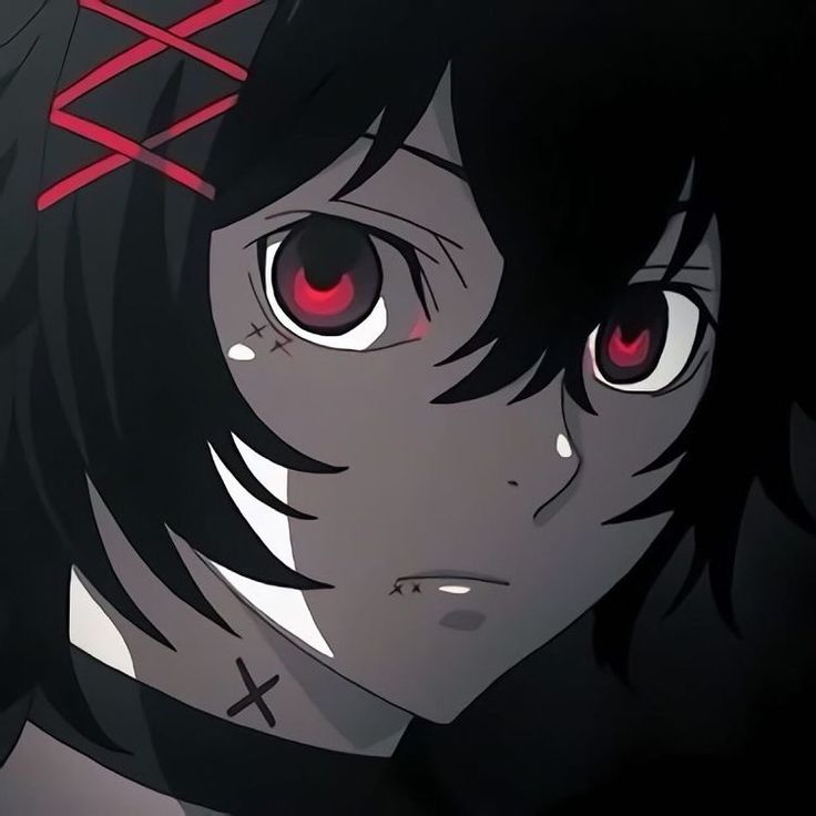 an anime character with red eyes and black hair