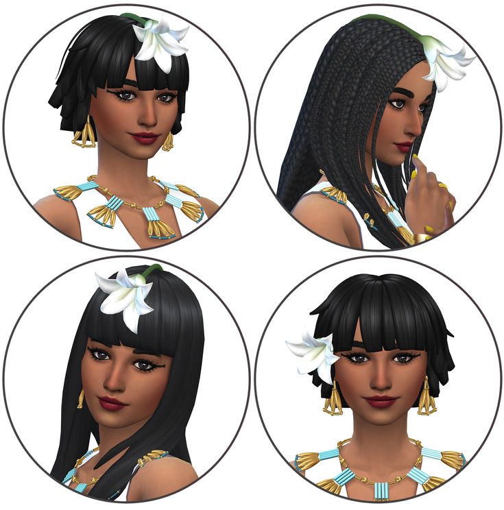 four different images of a woman with long black hair and flower in her hair,