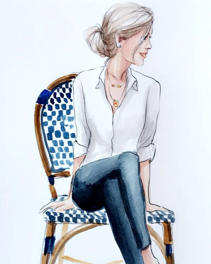 a drawing of a woman sitting on a chair