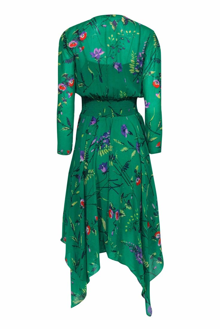 You can never have enough floral print in your wardrobe, so grab this vibrant floral print dress from Maje. The light fabric and floral print make this the best summer dress to wear during your next trip to a winery. Sip on your favorite glass of pinot in this dress along with a statement sunhat and sunglasses and live your best life! Size L (Maje 3) Shell: 100% Polyester Lining: 100% Viscose Pullover Fully lined A-line silhouette Surplice V-neckline Long sleeves Smocking detail at waist Uneven Printed Midi Floral Dress For Garden Party, Floral Print Dress For Brunch And Garden Party, Summer Floral Dress With Vibrant Print For Garden Party, Chic Floral Print Dress For Daywear, Vibrant Floral Dress For Summer Garden Party, Green Printed Maxi Floral Dress, Midi Length Floral Dress For Garden Party, Vibrant Print Floral Dress For Summer Garden Party, Floral Print Midi Dress For Garden Party