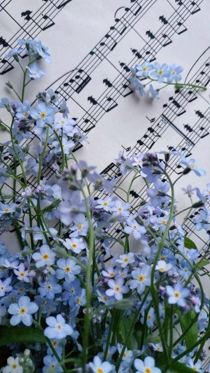 blue flowers are in front of sheet music