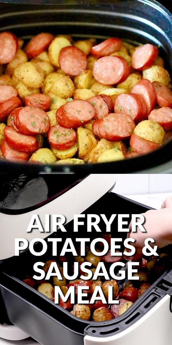 air fryer potatoes and sausage meal in the slow cooker with text overlay