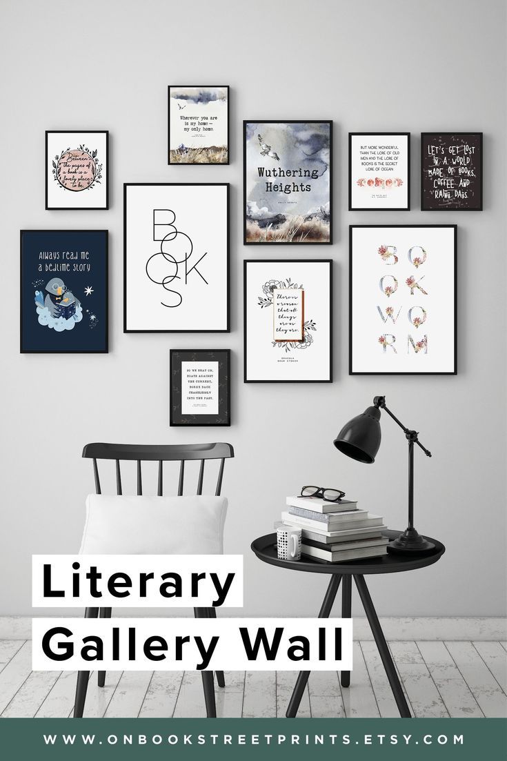 a white chair sitting in front of a wall with pictures on it and the words library gallery