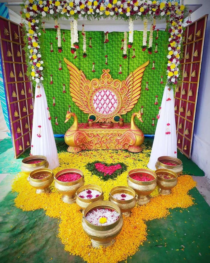 #weddingplanner #weddingdecor #weddingdecorinspiration #weddingdesign #eventplanner #decorinspiration #Mangalasnanam #Mangalasnanamdecordesigns #flowerdecorations #flowerdecor #decorgoals #Flowerdecordesigns #indianweddingdecor #southindianweddingdesigns #bvmrevents #haldidecor #weddingritual Mangalasnanam Decorations, Mangalsnanam Decor, Mangala Snanam Decoration, Puberty Function, Mangala Snanam, Indian Wedding Decorations Receptions, Interior Decoration Ideas, Home Flower Decor, Haldi Decor