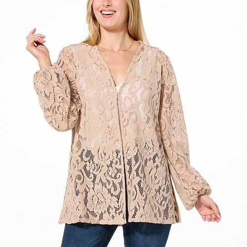 Colleen Lopez Bubble Sleeve Lace Jacket  You'll adore the way this sweet, elegant crochet topper gives any outfit an easygoing charm. Fall Lace Top With Lace Trim For Day Out, Chic Lace Top For Fall Layering, Long Sleeve Lace Top For Fall Brunch, Chic Spring Open Knit Outerwear, Spring Open Knit Outerwear For Day Out, Fall Lace Top For Layering, Chic Lace Top For Day Out In Fall, Spring Open Knit Outerwear For Layering, Chic Lace Cardigan