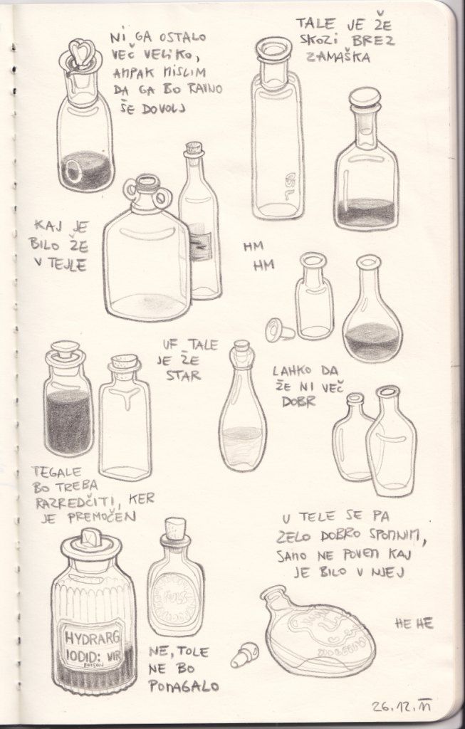 an open notebook with various types of bottles and jars on the pages, including one that contains