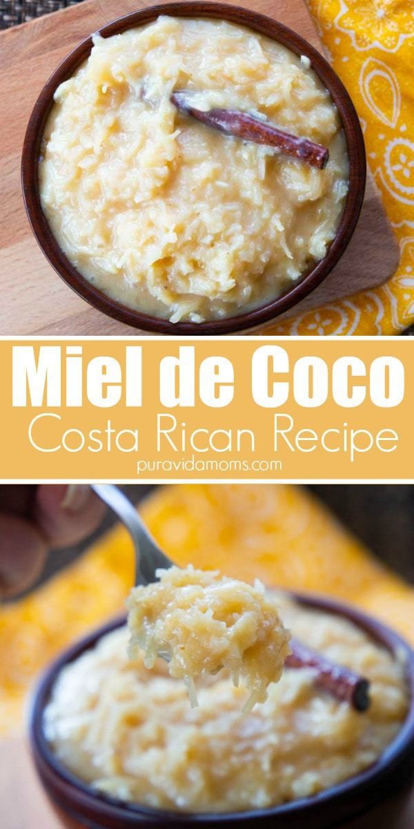 a close up of a bowl of food with a spoon in it and the words miel de coco on top