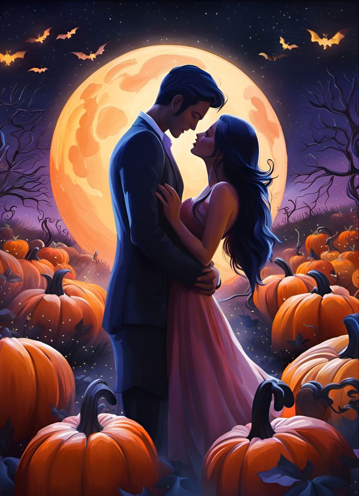 Romantic Halloween couple hugging under the full moon in a pumpkin patch Halloween Wallpaper For Couples, Halloween Couple Wallpaper, Halloween Couple Background, Halloween Romance, Fall Couple Painting, Fall Couples Painting, Witch Couple Art, Pics Of Cute Couples, Autumn Phone Wallpaper