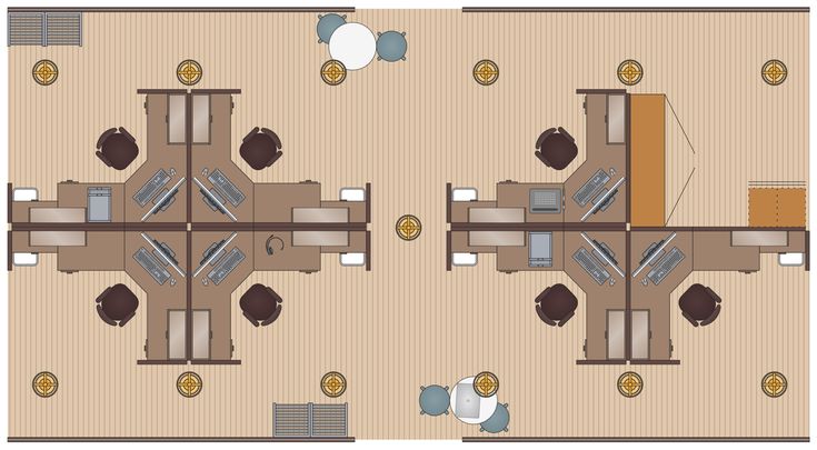 an overhead view of a floor plan for a conference room with tables and chairs in the center