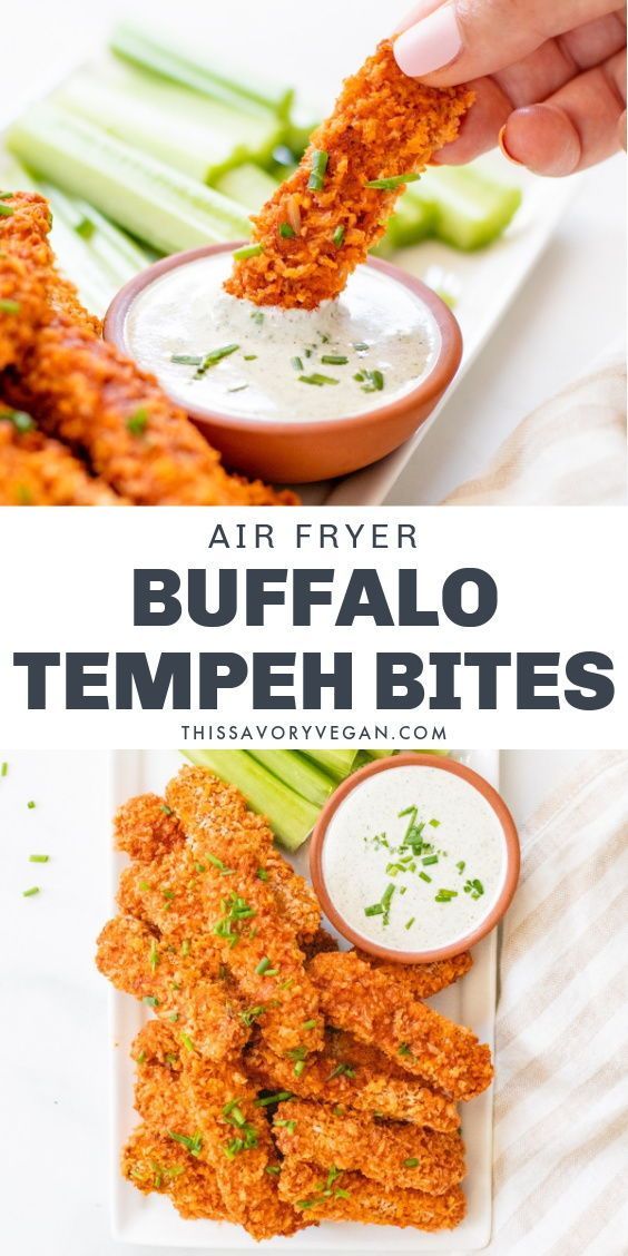 air fryer buffalo tempeh bites on a plate with celery and ranch dressing