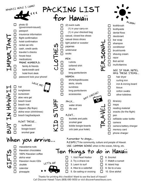 the packing list for hawaii is shown in black and white, with words on it