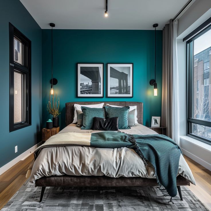 a bedroom with teal walls and pictures on the wall above the bed, along with two windows