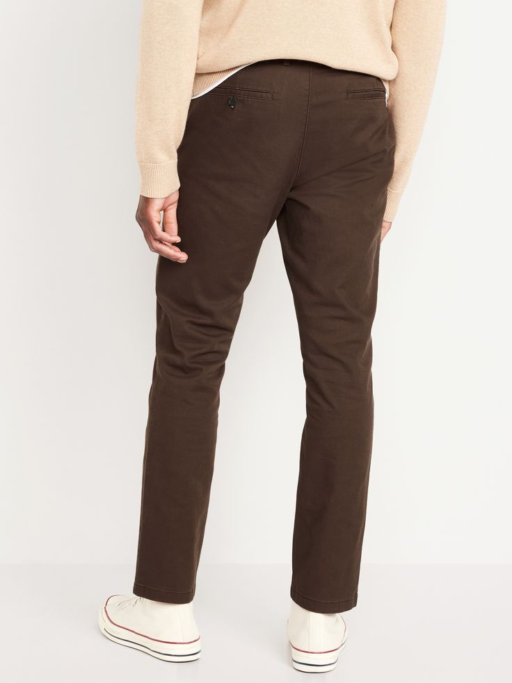 contoured waistband button closure belt loops zip fly hip pockets back welt pockets with button closure at left slim thigh and leg hits below ankle model is approx.  6'1" and wears size 32w x 32lmachine wash according to the care instruction label Brown Chinos Men Outfits, Chinos Men Outfit, Chinos Men, Olive Chinos, Brown Chinos, Mens Chinos, Chino Pants, Chinos Pants, Welt Pockets