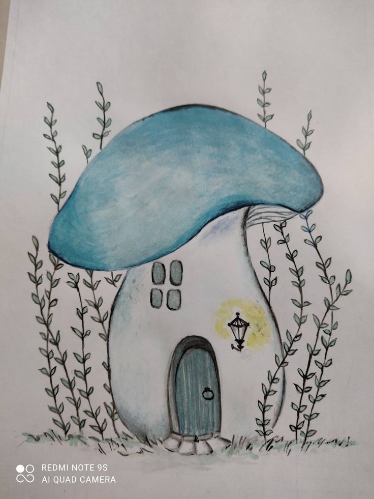 a drawing of a mushroom house with a light on it's roof and door